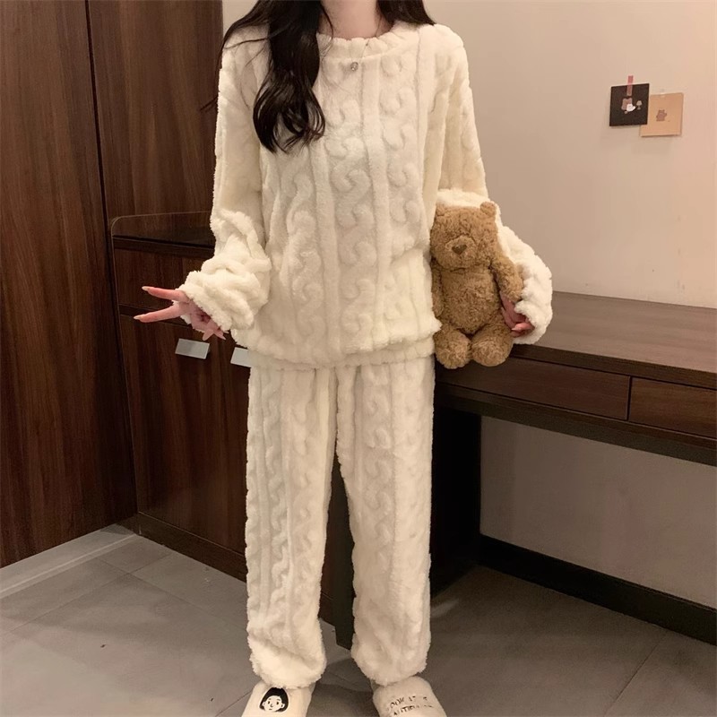 White Coral Fleece Jacquard Thermal Pajama Set — Autumn/Winter Fleece-Lined, Thickened, Casual Loungewear - Image 1