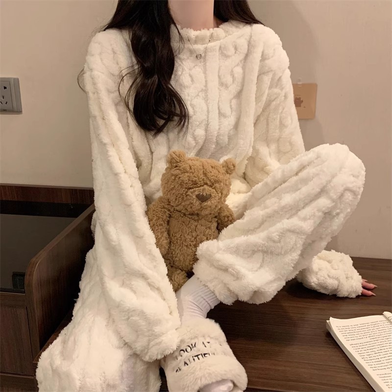 White Coral Fleece Jacquard Thermal Pajama Set — Autumn/Winter Fleece-Lined, Thickened, Casual Loungewear - Image 3