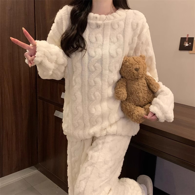 White Coral Fleece Jacquard Thermal Pajama Set — Autumn/Winter Fleece-Lined, Thickened, Casual Loungewear - Image 5