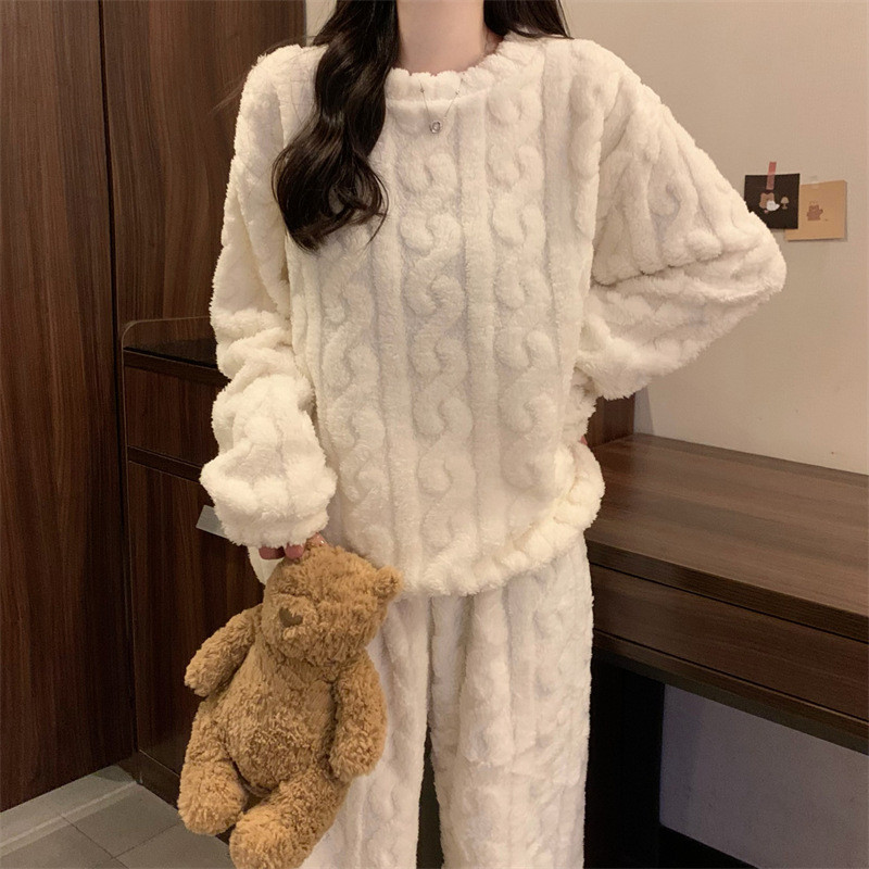White Coral Fleece Jacquard Thermal Pajama Set — Autumn/Winter Fleece-Lined, Thickened, Casual Loungewear - Image 6
