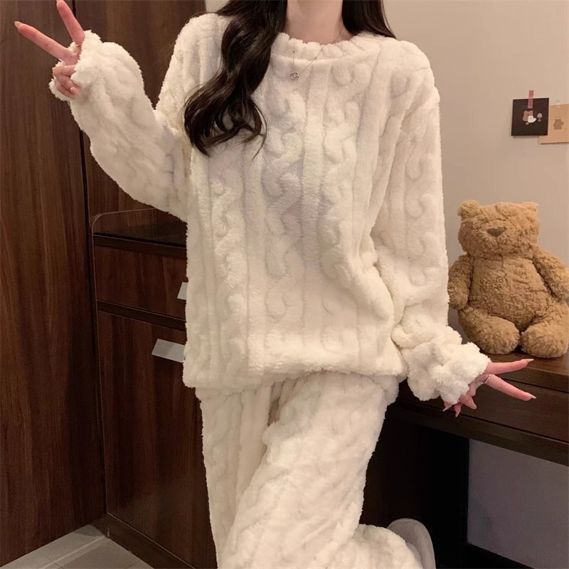 White Coral Fleece Jacquard Thermal Pajama Set — Autumn/Winter Fleece-Lined, Thickened, Casual Loungewear - Image 7