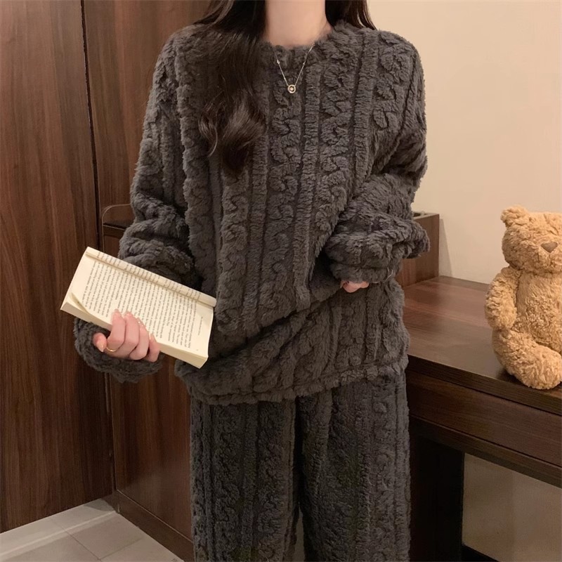 Grey Coral Fleece Jacquard Thermal Pajama Set — Autumn/Winter Fleece-Lined, Thickened, Casual Loungewear - Image 3