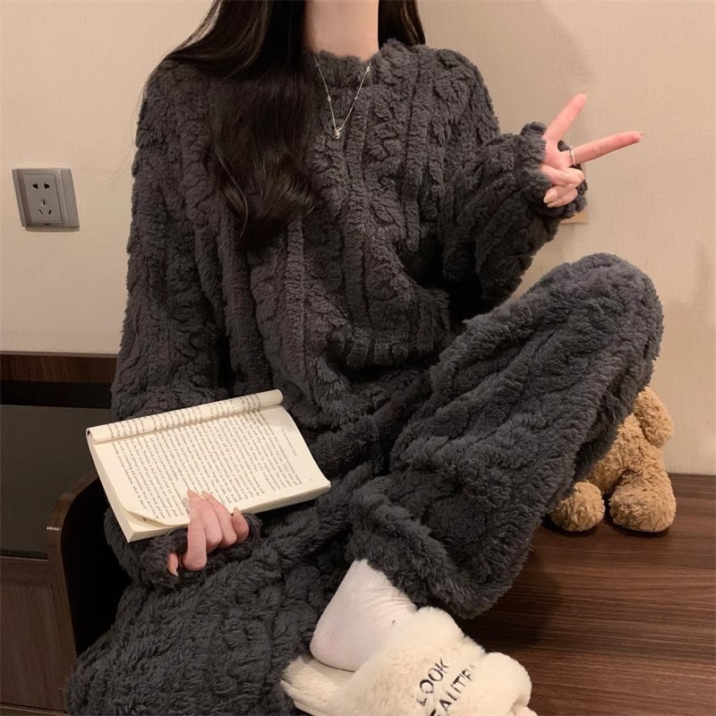 Grey Coral Fleece Jacquard Thermal Pajama Set — Autumn/Winter Fleece-Lined, Thickened, Casual Loungewear - Image 4