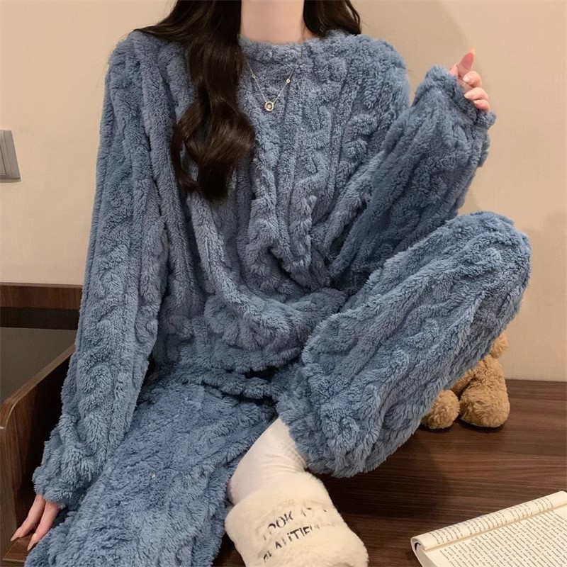 Blue Coral Fleece Jacquard Thermal Pajama Set — Autumn/Winter Fleece-Lined, Thickened, Casual Loungewear - Image 1