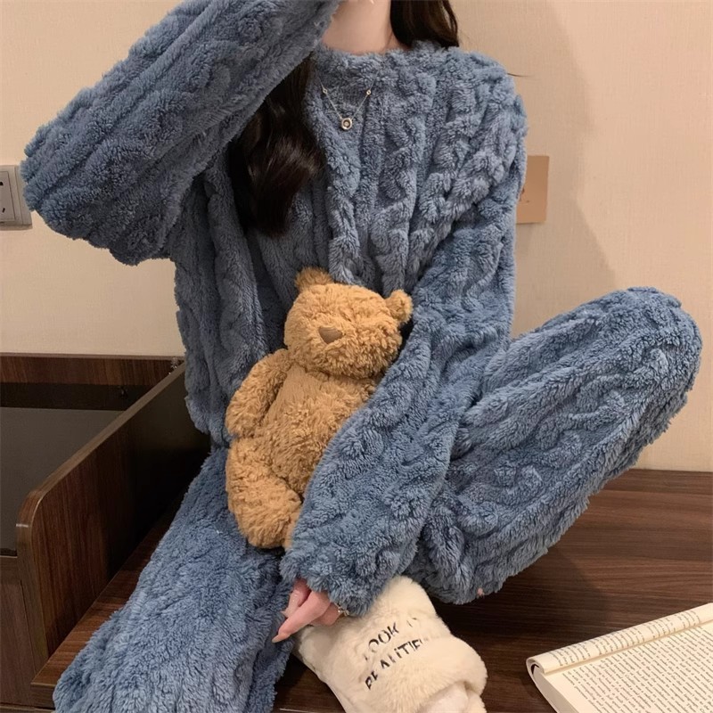 Blue Coral Fleece Jacquard Thermal Pajama Set — Autumn/Winter Fleece-Lined, Thickened, Casual Loungewear - Image 3