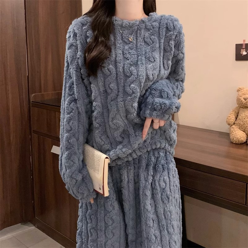 Blue Coral Fleece Jacquard Thermal Pajama Set — Autumn/Winter Fleece-Lined, Thickened, Casual Loungewear - Image 4