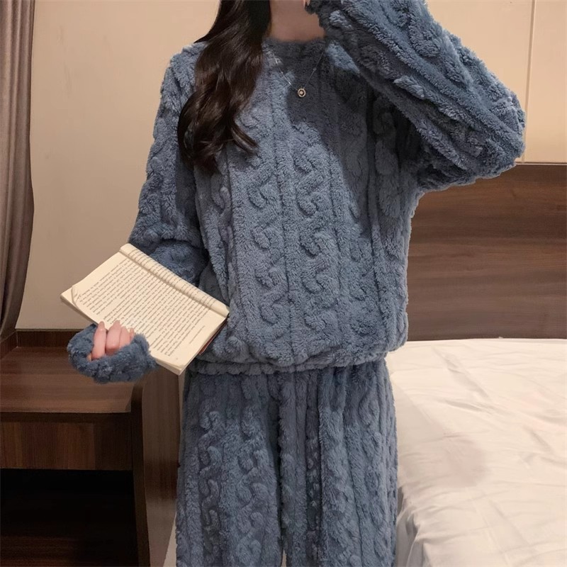 Blue Coral Fleece Jacquard Thermal Pajama Set — Autumn/Winter Fleece-Lined, Thickened, Casual Loungewear - Image 5