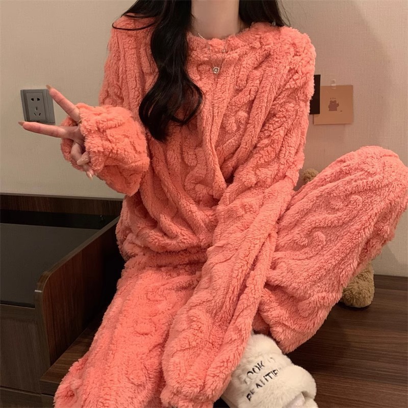 Pink Coral Fleece Jacquard Thermal Pajama Set — Autumn/Winter Fleece-Lined, Thickened, Casual Loungewear - Image 1