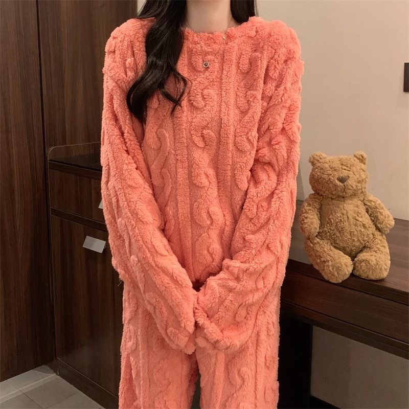 Pink Coral Fleece Jacquard Thermal Pajama Set — Autumn/Winter Fleece-Lined, Thickened, Casual Loungewear - Image 3