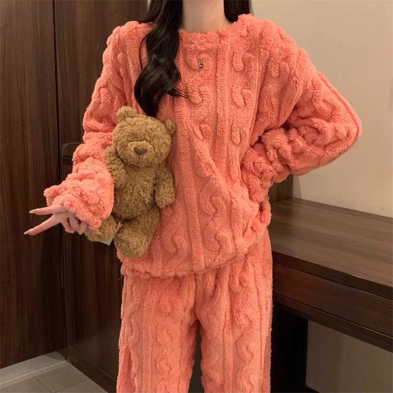 Pink Coral Fleece Jacquard Thermal Pajama Set — Autumn/Winter Fleece-Lined, Thickened, Casual Loungewear - Image 4