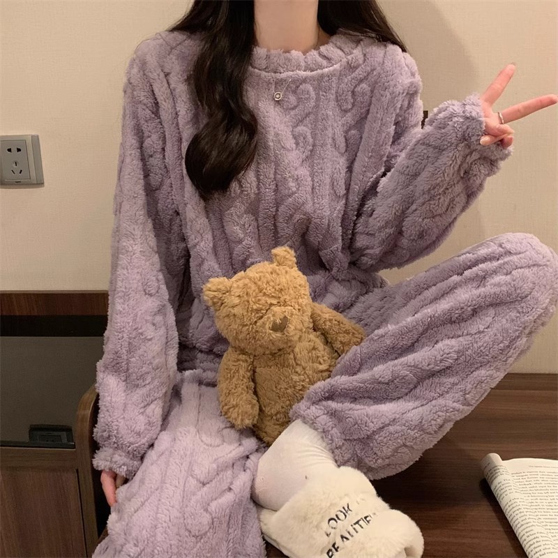 Purple Coral Fleece Jacquard Thermal Pajama Set — Autumn/Winter Fleece-Lined, Thickened, Casual Loungewear - Image 1