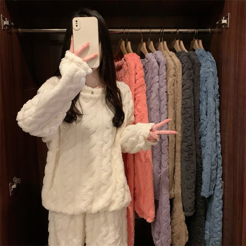 Purple Coral Fleece Jacquard Thermal Pajama Set — Autumn/Winter Fleece-Lined, Thickened, Casual Loungewear - Image 2