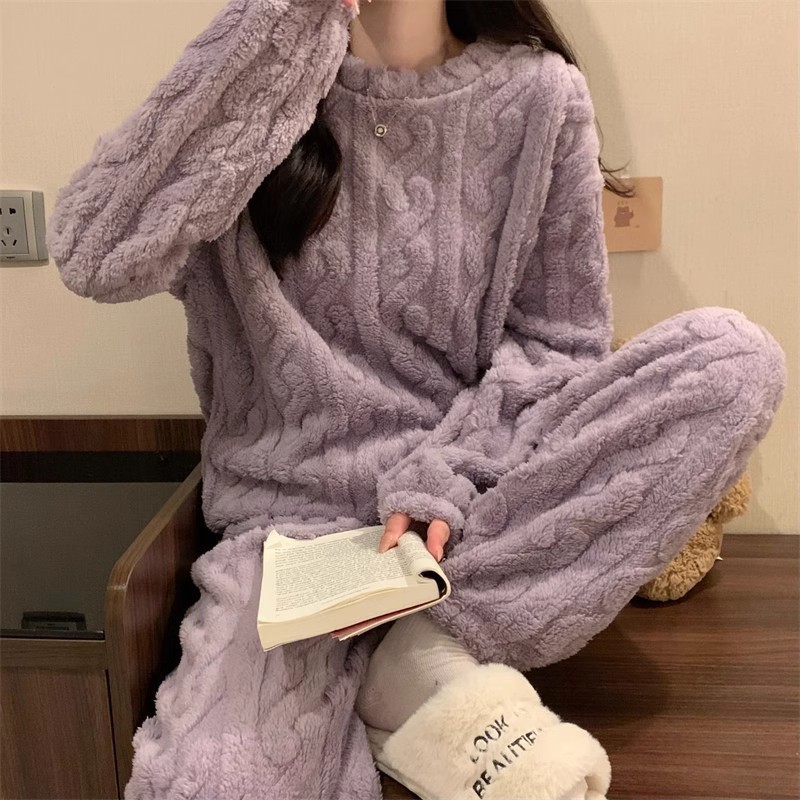 Purple Coral Fleece Jacquard Thermal Pajama Set — Autumn/Winter Fleece-Lined, Thickened, Casual Loungewear - Image 3