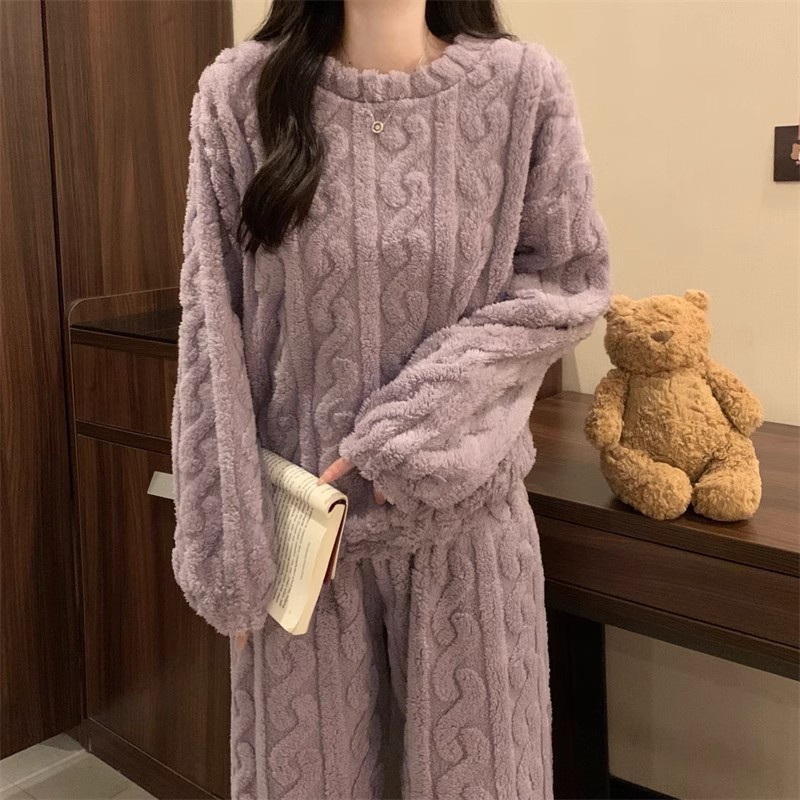 Purple Coral Fleece Jacquard Thermal Pajama Set — Autumn/Winter Fleece-Lined, Thickened, Casual Loungewear - Image 4