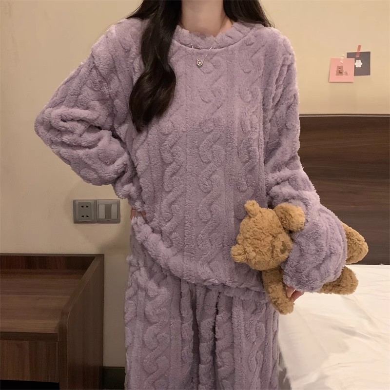 Purple Coral Fleece Jacquard Thermal Pajama Set — Autumn/Winter Fleece-Lined, Thickened, Casual Loungewear - Image 5