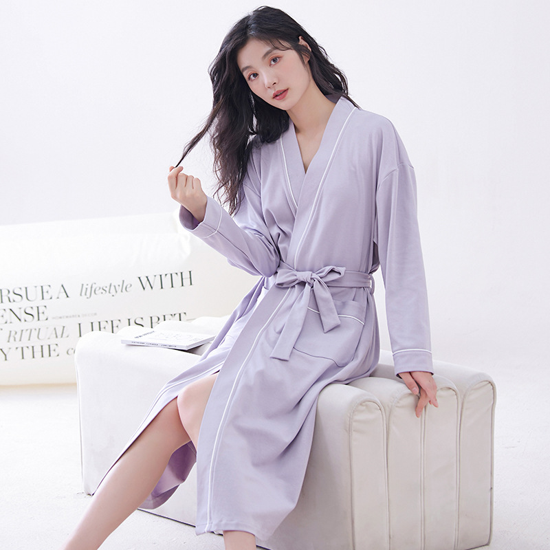 Purple  M size Women's Cotton Robe — Autumn/Winter Bathrobe & Morning Gown | Long Sleeve, Mid-Length, Plus Size | Loose, Comfortable, and Machine Washable | Suitable for All Seasons - Image 1