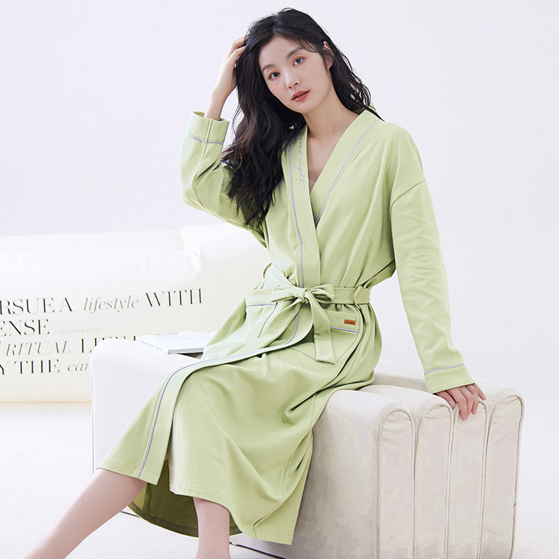 Green L size Women's Cotton Robe — Autumn/Winter Bathrobe & Morning Gown | Long Sleeve, Mid-Length, Plus Size | Loose, Comfortable, and Machine Washable | Suitable for All Seasons - Image 1