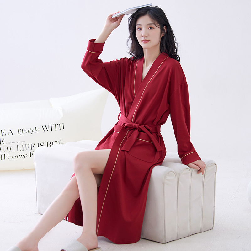 Red L size Women's Cotton Robe — Autumn/Winter Bathrobe & Morning Gown | Long Sleeve, Mid-Length, Plus Size | Loose, Comfortable, and Machine Washable | Suitable for All Seasons - Image 1