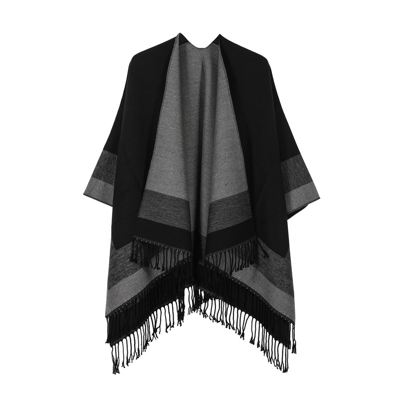 Black elegant women's tassel cape shawl scarf, multi-functional all-in-one warm and comfortable winter shawl scarf, convenient for home, travel, and office wear, stylish and beautiful with tassels. - Image 1