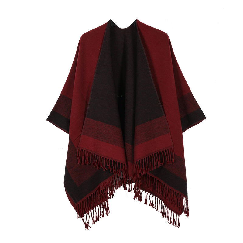Red elegant women's tassel cape shawl scarf, multi-functional all-in-one warm and comfortable winter shawl scarf, convenient for home, travel, and office wear, stylish and beautiful with tassels. - Image 1
