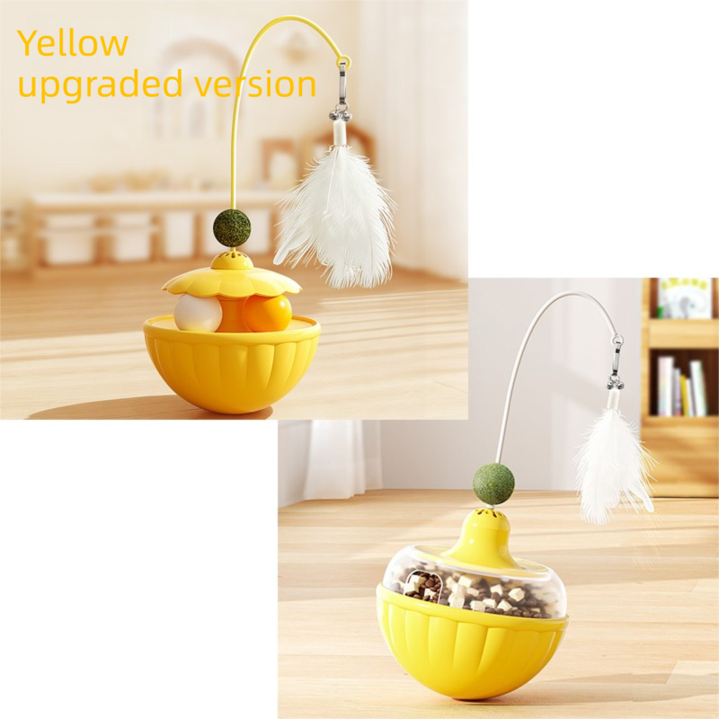 Yellow 2Pcs Interactive Cat Wobble Toy Set - Dual Ball Turntable & Feeder with Feather Teaser and Catnip Ball - PP Plastic for Kitten Self-Entertainment - Image 1
