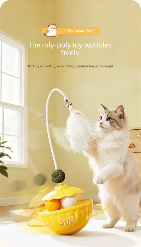 Yellow 2Pcs Interactive Cat Wobble Toy Set - Dual Ball Turntable & Feeder with Feather Teaser and Catnip Ball - PP Plastic for Kitten Self-Entertainment - Image 2
