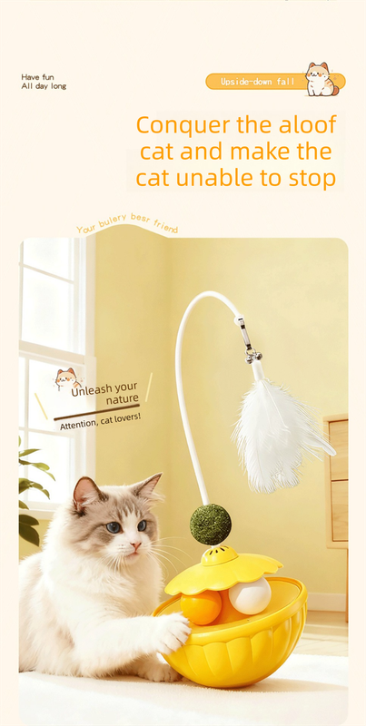 Yellow 2Pcs Interactive Cat Wobble Toy Set - Dual Ball Turntable & Feeder with Feather Teaser and Catnip Ball - PP Plastic for Kitten Self-Entertainment - Image 3