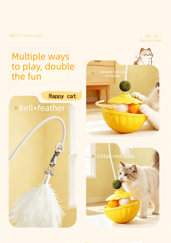 Yellow 2Pcs Interactive Cat Wobble Toy Set - Dual Ball Turntable & Feeder with Feather Teaser and Catnip Ball - PP Plastic for Kitten Self-Entertainment - Image 5