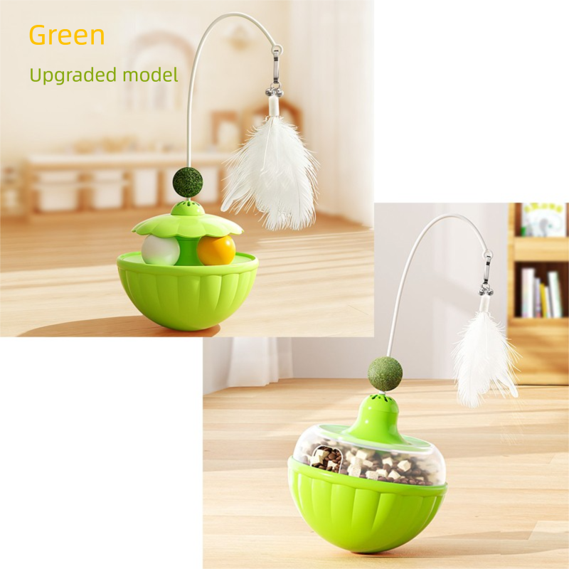 Green 2Pcs Interactive Cat Wobble Toy Set - Dual Ball Turntable & Feeder with Feather Teaser and Catnip Ball - PP Plastic for Kitten Self-Entertainment - Image 1