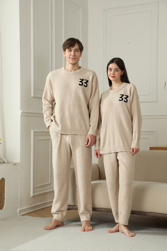 Khaki Women's Warm & Cozy Semi-Flannel Couple's Pajamas — Knitted Digital Pattern, Soft Fleece Material, Pullover Style: The Ideal Choice for Loungewear in Autumn and Winter. - Image 2