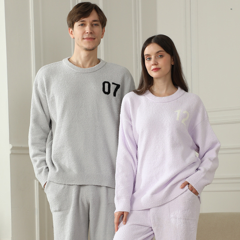 Light Purple Women's Warm & Cozy Semi-Flannel Couple's Pajamas — Knitted Digital Pattern, Soft Fleece Material, Pullover Style: The Ideal Choice for Loungewear in Autumn and Winter. - Image 2