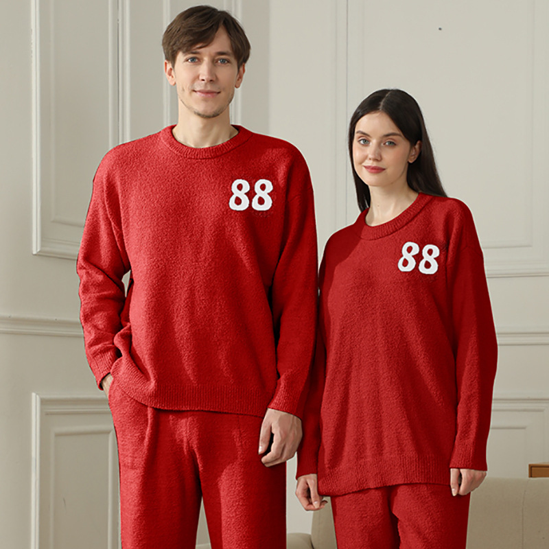 Red Women's Warm & Cozy Semi-Flannel Couple's Pajamas — Knitted Digital Pattern, Soft Fleece Material, Pullover Style: The Ideal Choice for Loungewear in Autumn and Winter. - Image 1