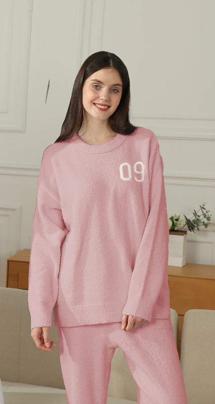 Pink Women's Warm & Cozy Semi-Flannel Couple's Pajamas — Knitted Digital Pattern, Soft Fleece Material, Pullover Style: The Ideal Choice for Loungewear in Autumn and Winter. - Image 1
