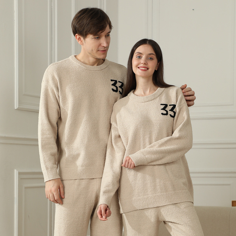 2-Piece Khaki Couples' Pajama Set — Warm & Cozy Semi-Flannel Style. Features a knitted digital pattern, soft fleece fabric, and a pullover design—the perfect choice for home loungewear during the autumn and winter seasons. - Image 1