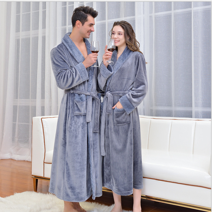 Grey L size Plush Flannel Robe for Couples - Thickened Warm Bathrobe with Shawl Collar, Soft Fleece Material, Unisex Long Style for Winter Home Wear - Image 1