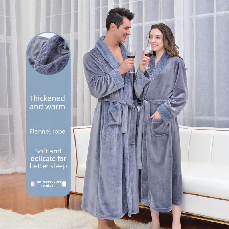 White M size Plush Flannel Robe for Couples - Thickened Warm Bathrobe with Shawl Collar, Soft Fleece Material, Unisex Long Style for Winter Home Wear - Image 4