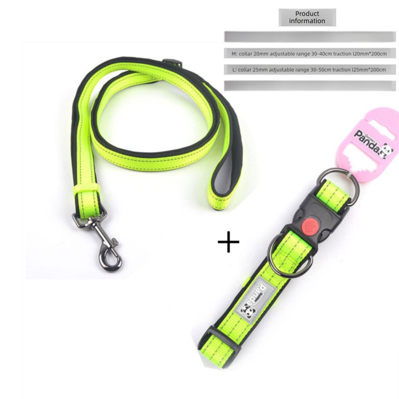 Green M size Vibrant Reflective Dog Collar and Leash Set - Adjustable Nylon Pet Harness with Comfortable Padding - Image 1