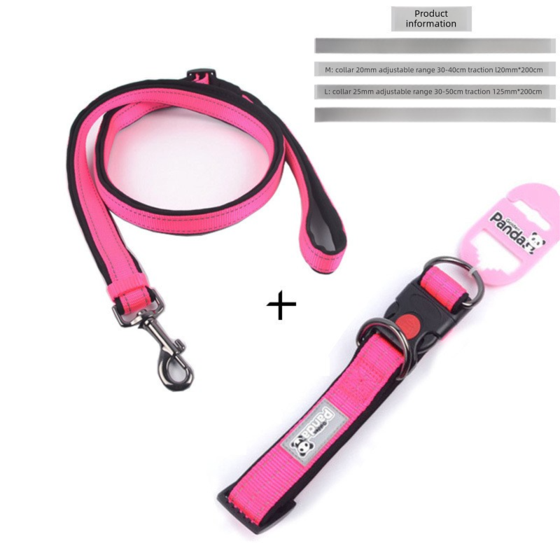 Pink L size Vibrant Reflective Dog Collar and Leash Set - Adjustable Nylon Pet Harness with Comfortable Padding - Image 1