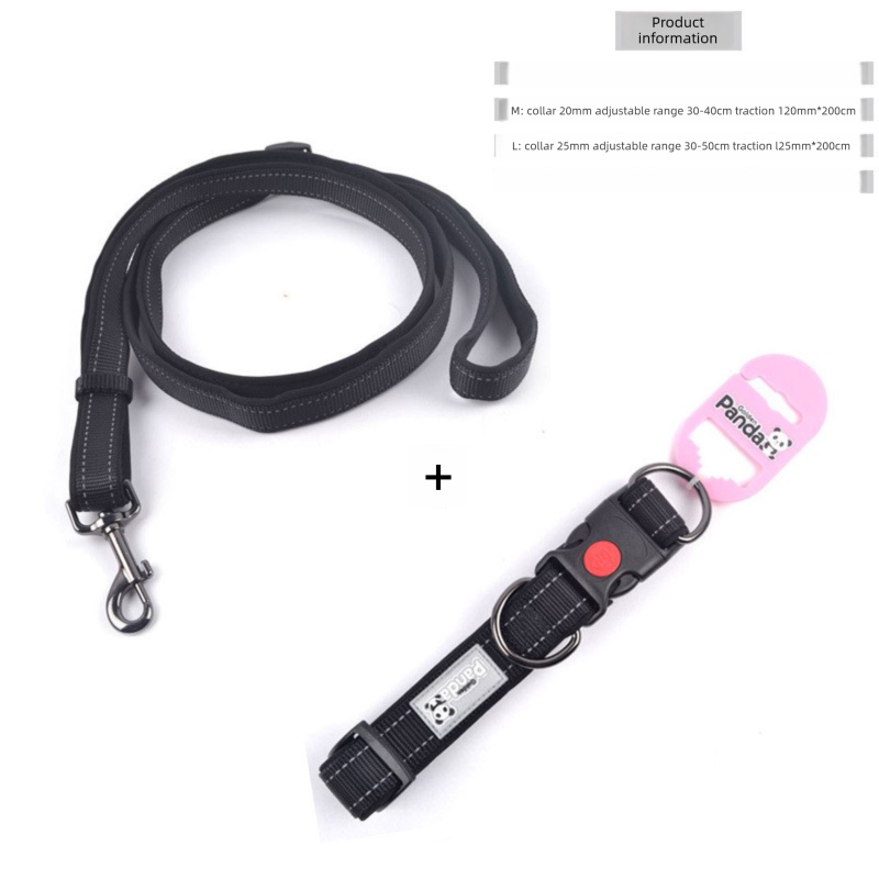 Black L size Vibrant Reflective Dog Collar and Leash Set - Adjustable Nylon Pet Harness with Comfortable Padding - Image 1
