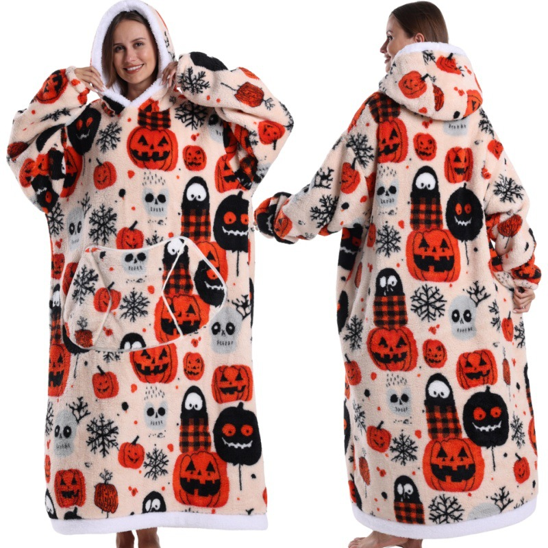 Festive Pumpkin Style Oversized Hooded Blanket for Adults - Ultra Soft & Warm Wearable Fleece Throw with Giant Pocket, Perfect for Winter, Christmas & Valentine's Day - Image 1