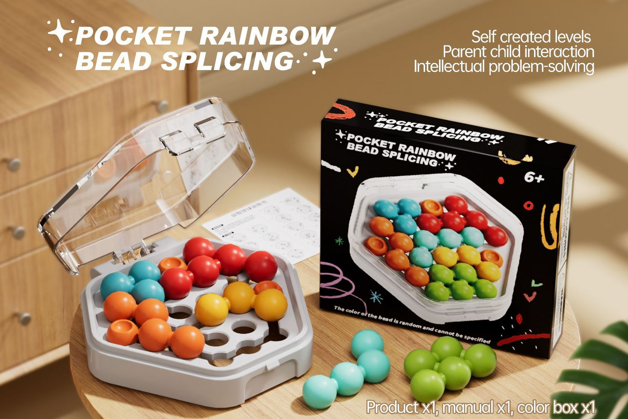 White Hexagonal Pocket Rainbow Bead Puzzle — A Mini Logic Game with Original Levels, an Interactive Educational Toy for Parents and Children Aged 6+ - Image 1