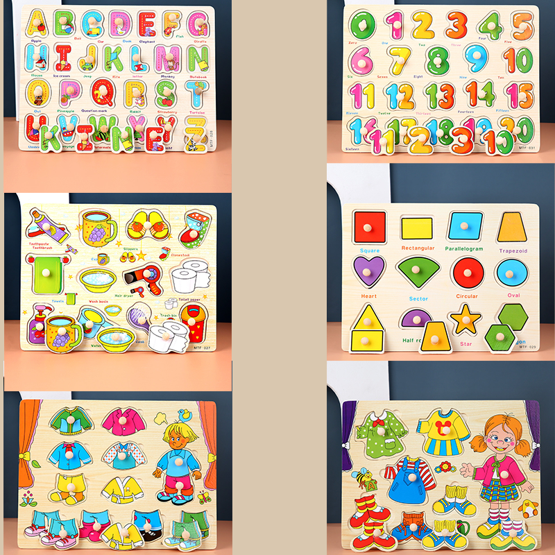 6 pce Toddler Peg Puzzle — An educational and entertaining matching toy featuring letters, numbers, shapes, and everyday objects; an early learning and developmental toy suitable for children aged 3 and up【letters Style+number Style+articles for da - Image 1