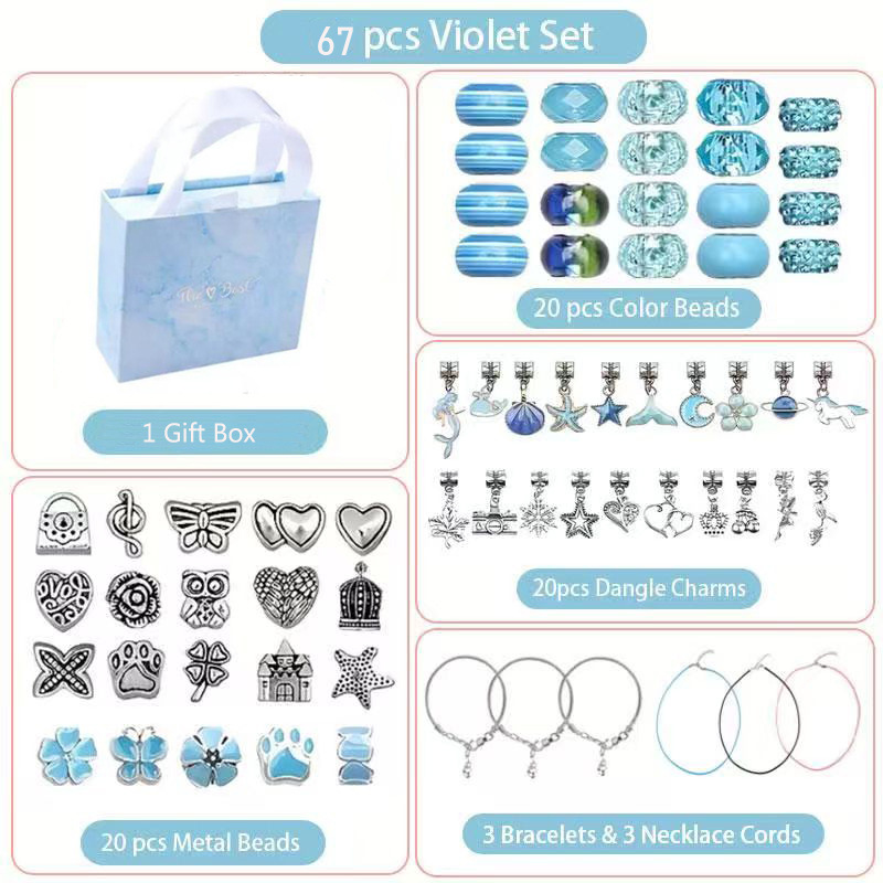 67-Piece Blue Craft Set (Includes Beads, Charms, and Storage Case) -Kids' Unicorn DIY Bracelet Kit – Creative Jewelry Making Gift for Girls Ages 3+ - Image 1