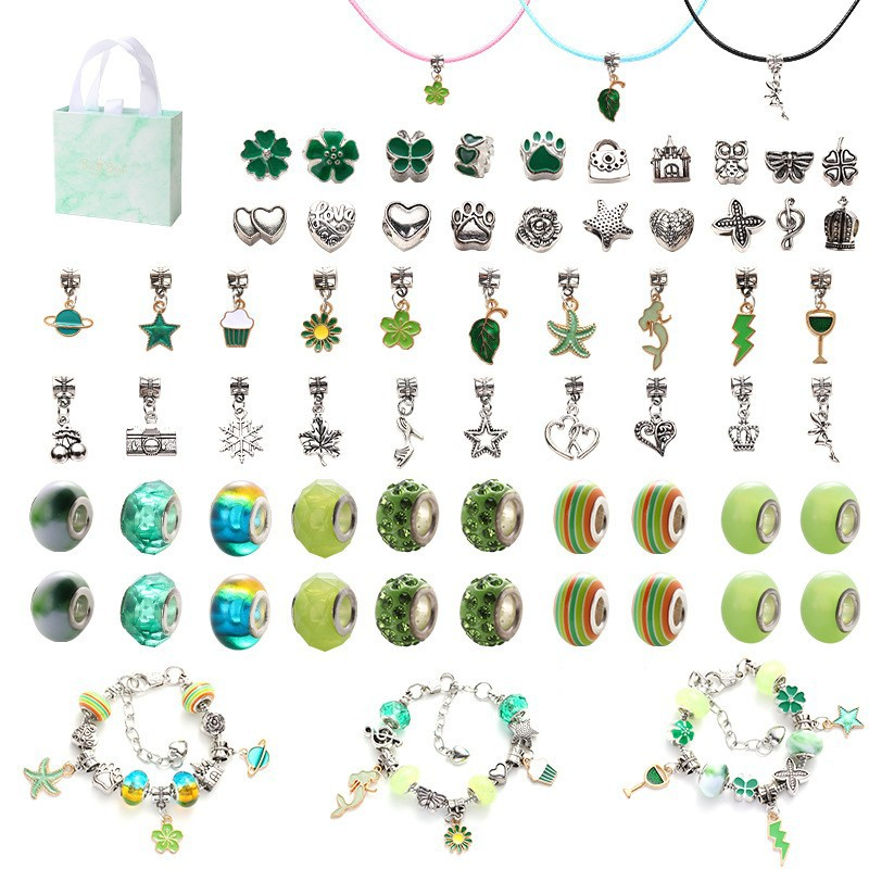 67-Piece Green Craft Set (Includes Beads, Charms, and Storage Case) -Kids' Unicorn DIY Bracelet Kit – Creative Jewelry Making Gift for Girls Ages 3+ - Image 1