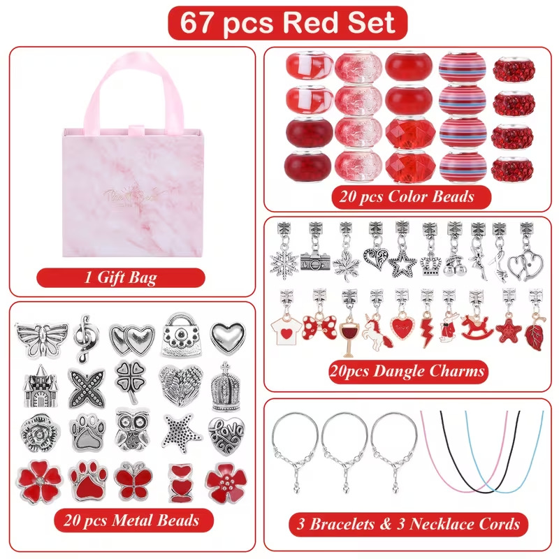 67-Piece Red Craft Set (Includes Beads, Charms, and Storage Case) -Kids' Unicorn DIY Bracelet Kit – Creative Jewelry Making Gift for Girls Ages 3+ - Image 1