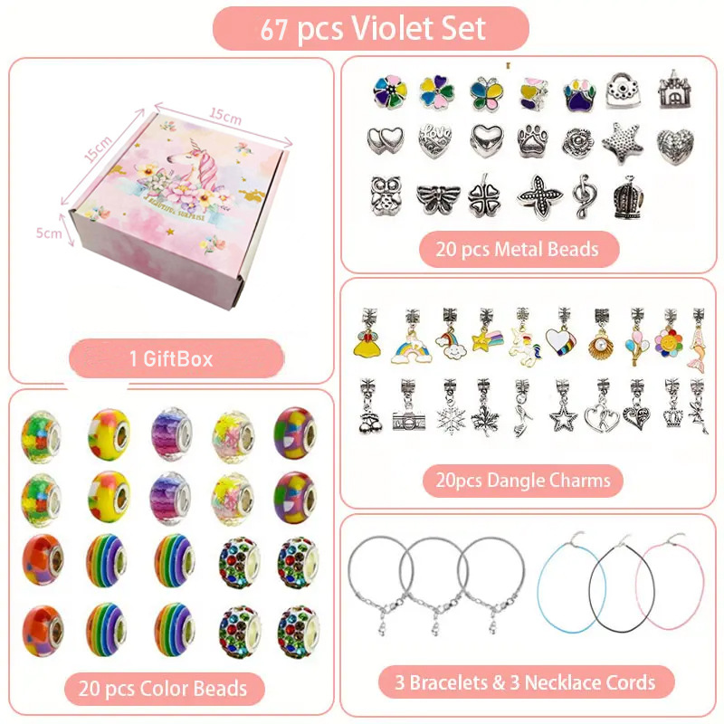67-Piece Pink  Craft Set (Includes Beads, Charms, and Storage Case) -Kids' Unicorn DIY Bracelet Kit – Creative Jewelry Making Gift for Girls Ages 3+ - Image 1