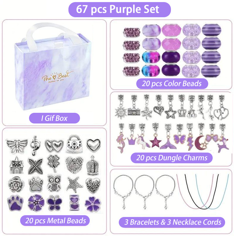 67-Piece Purple Craft Set (Includes Beads, Charms, and Storage Case) -Kids' Unicorn DIY Bracelet Kit – Creative Jewelry Making Gift for Girls Ages 3+ - Image 1