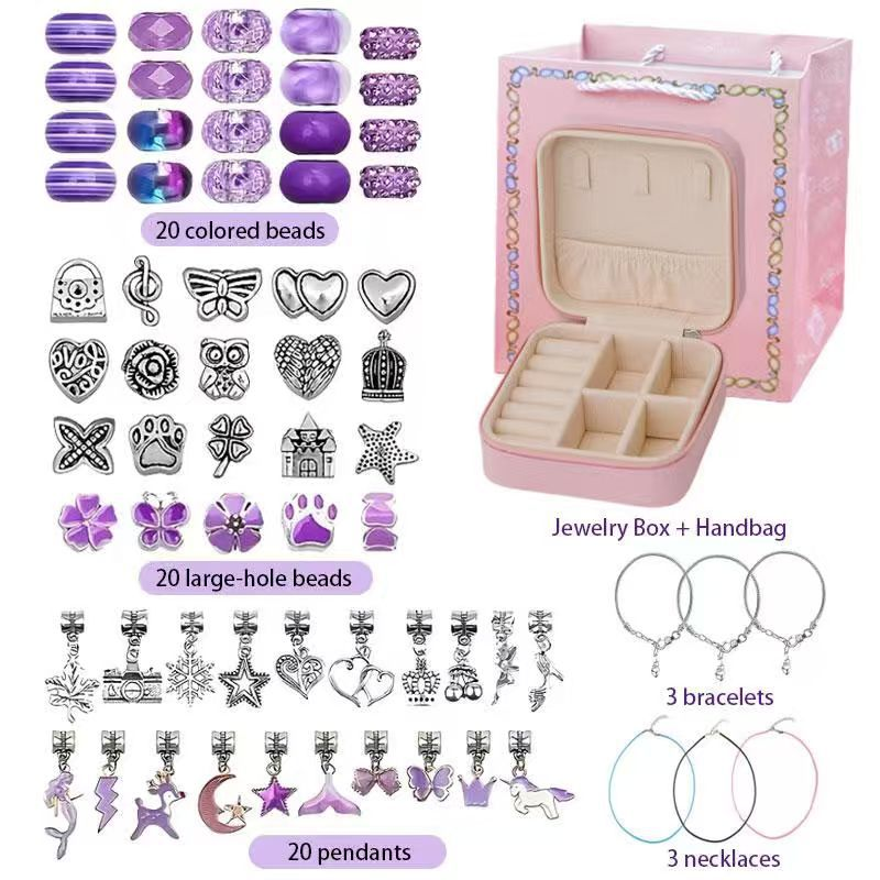 66-Piece  Purple Gift Bag Craft Set (Includes Beads, Charms, and Storage Case) -Kids' Unicorn DIY Bracelet Kit – Creative Jewelry Making Gift for Girls Ages 3+ - Image 1