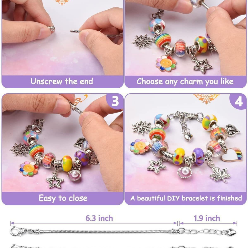 66-Piece  Purple Gift Bag Craft Set (Includes Beads, Charms, and Storage Case) -Kids' Unicorn DIY Bracelet Kit – Creative Jewelry Making Gift for Girls Ages 3+ - Image 3
