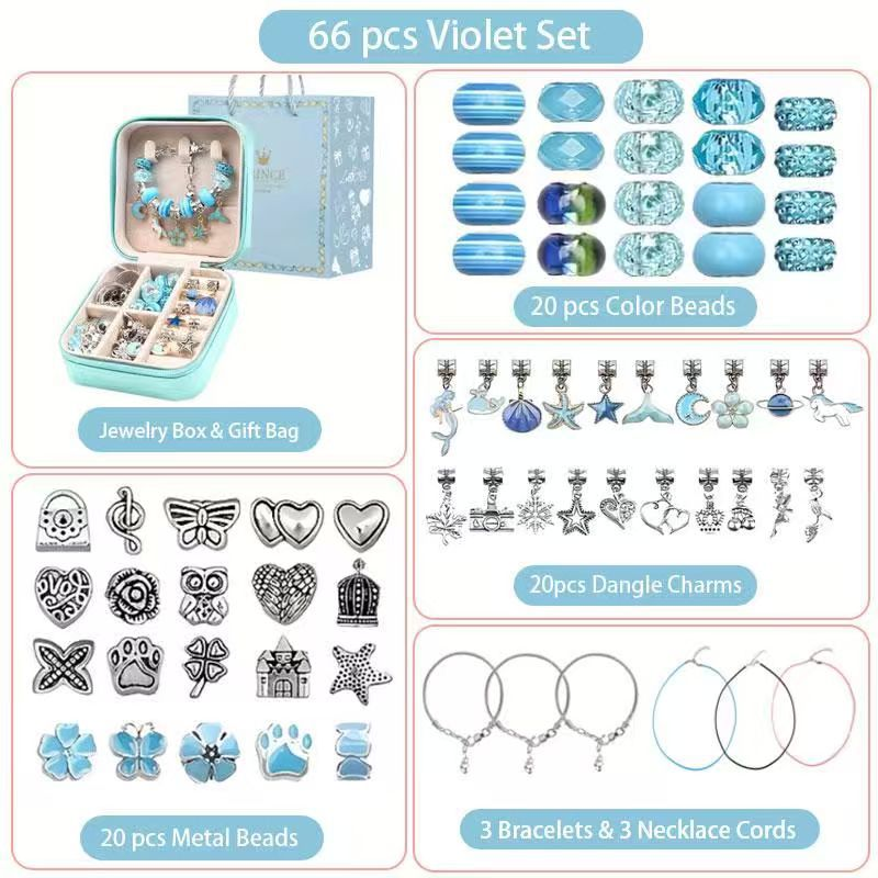 66-Piece Blue Gift Bag Craft Set (Includes Beads, Charms, and Storage Case) -Kids' Unicorn DIY Bracelet Kit – Creative Jewelry Making Gift for Girls Ages 3+ - Image 1